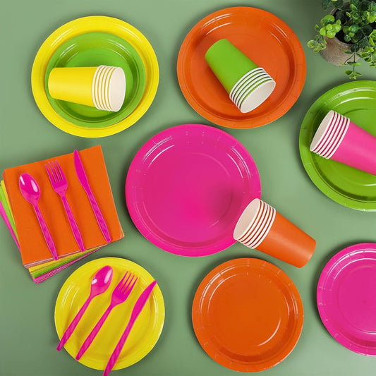 MOVING EARS 192 Pcs Pastel Party Supplies Paper Plates Cups Napkins Macaron Color Pink Cutlery Plastic Forks Knives Spoons Disposable Tableware