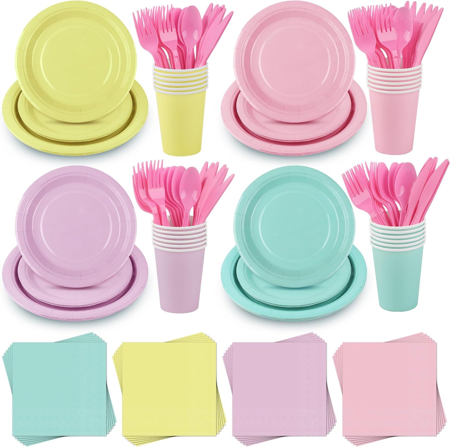 MOVING EARS 192 Pcs Pastel Party Supplies Paper Plates Cups Napkins Macaron Color Pink Cutlery Plastic Forks Knives Spoons Disposable Tableware